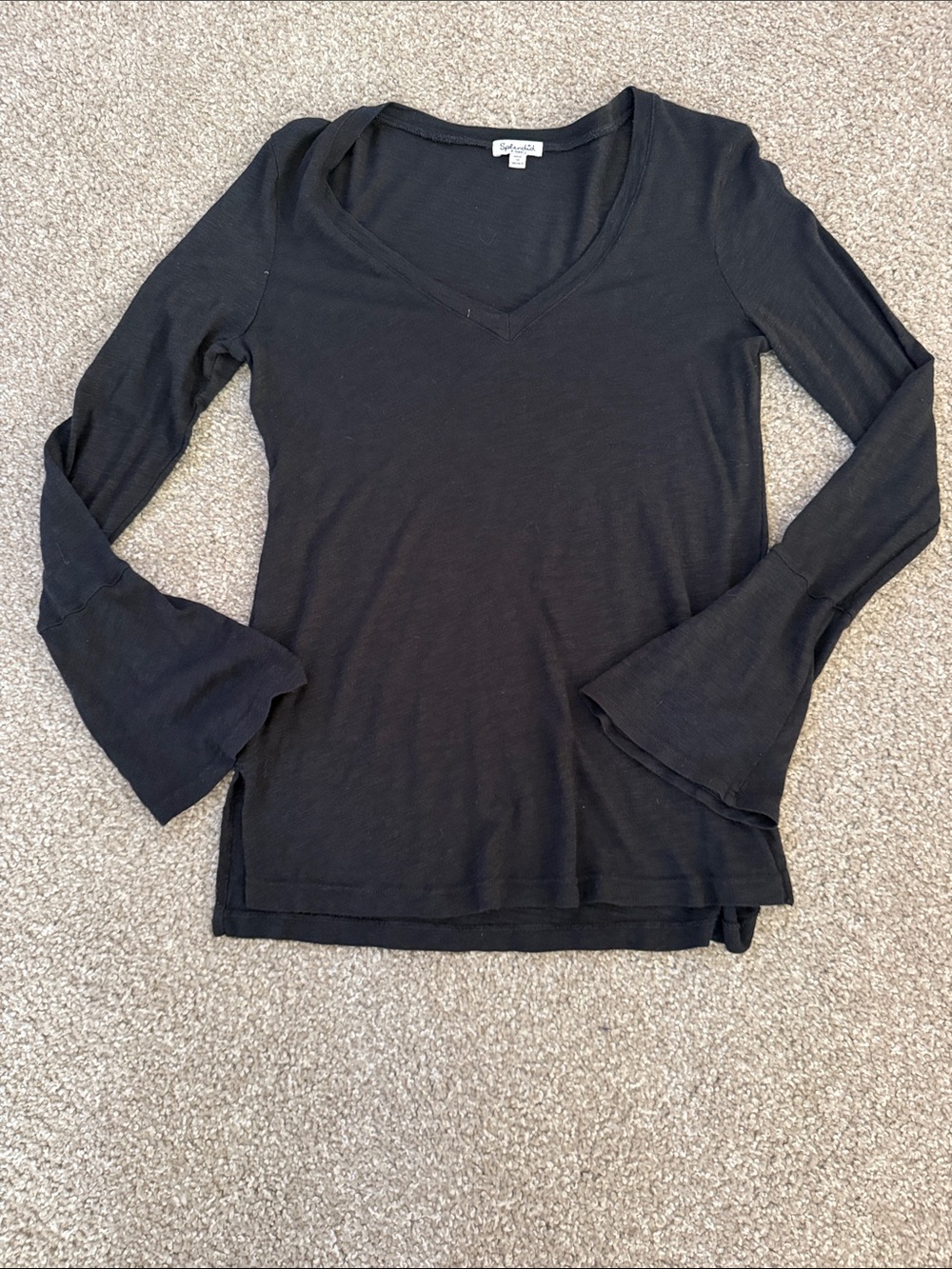 Splendid Black V-Neck Long Sleeve Top with Flared Cuffs